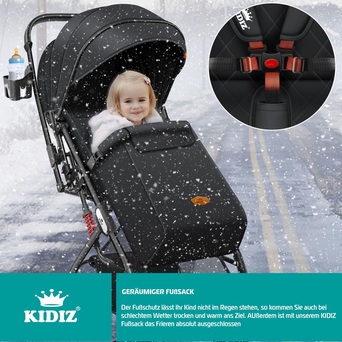KIDIZ® Kinderwagen Kinderbuggy klappbar Liegebuggy Sportwagen Faltbar 360° Räder 5-Punkt Gurt Inkl. Fußsack, Getränkehalter, Regenabdeckung & Moskitonetz verstellbare Rückenlehne & Sonnenverdeck