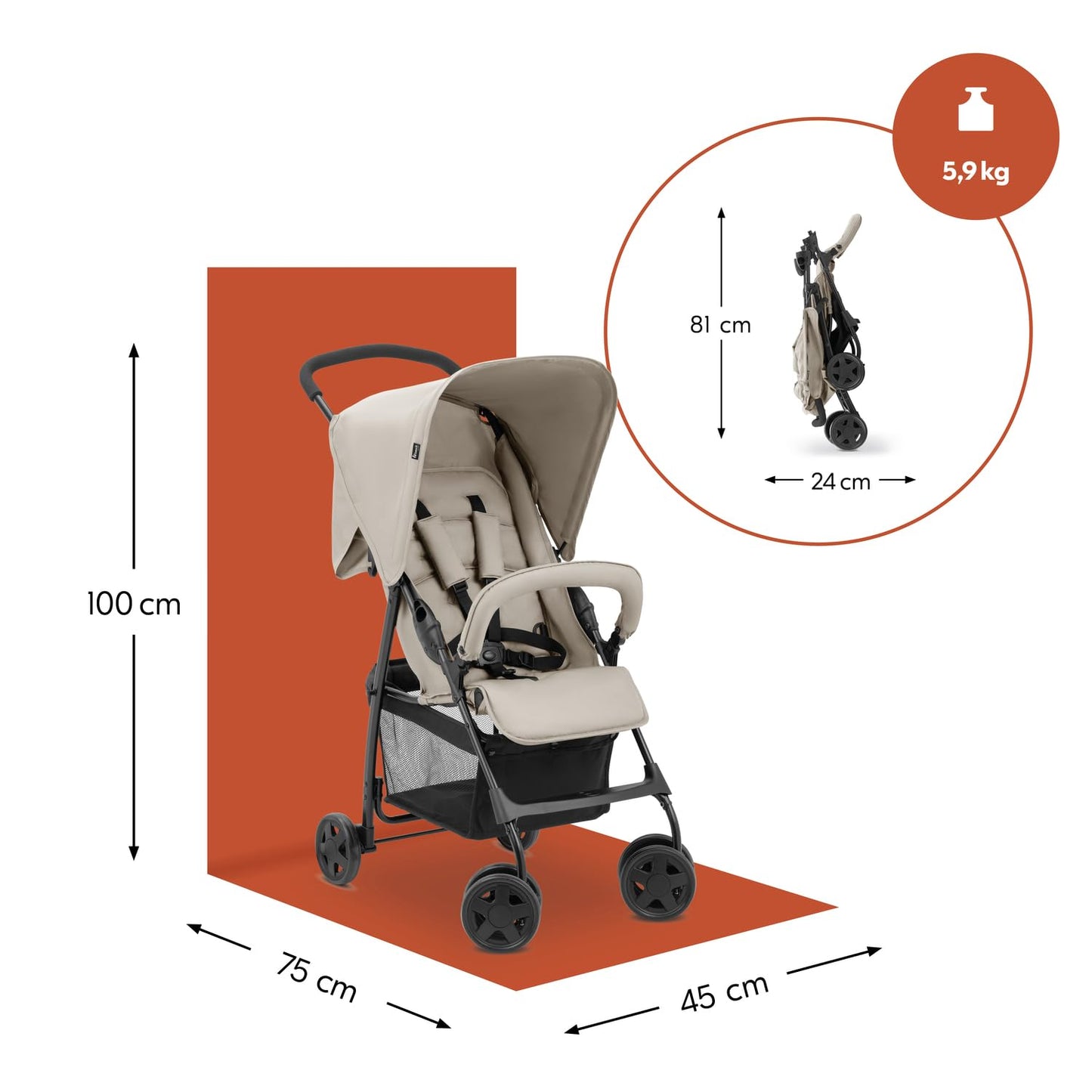hauck Buggy Sport, Beige - Federleichter Reisebuggy 5,9 kg - mit Liegefunktion für Kinder ab Geburt bis 15 kg - Klein Zusammenklappbar, Großer Einkaufskorb bis 3 kg
