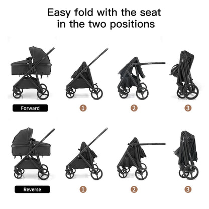 Gromast 3-in-1-Kinderwagen, wandelbarer Kinderwagen für Neugeborene, Säuglinge und Kleinkinder mit umkehrbarem Sitz, Sonnendach mit Lichtschutzfaktor 50+ und Getränkehalter – Schwarz