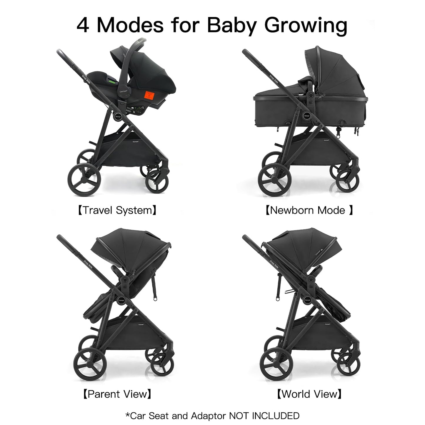 Gromast 3-in-1-Kinderwagen, wandelbarer Kinderwagen für Neugeborene, Säuglinge und Kleinkinder mit umkehrbarem Sitz, Sonnendach mit Lichtschutzfaktor 50+ und Getränkehalter – Schwarz