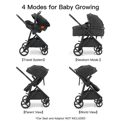 Gromast 3-in-1-Kinderwagen, wandelbarer Kinderwagen für Neugeborene, Säuglinge und Kleinkinder mit umkehrbarem Sitz, Sonnendach mit Lichtschutzfaktor 50+ und Getränkehalter – Schwarz