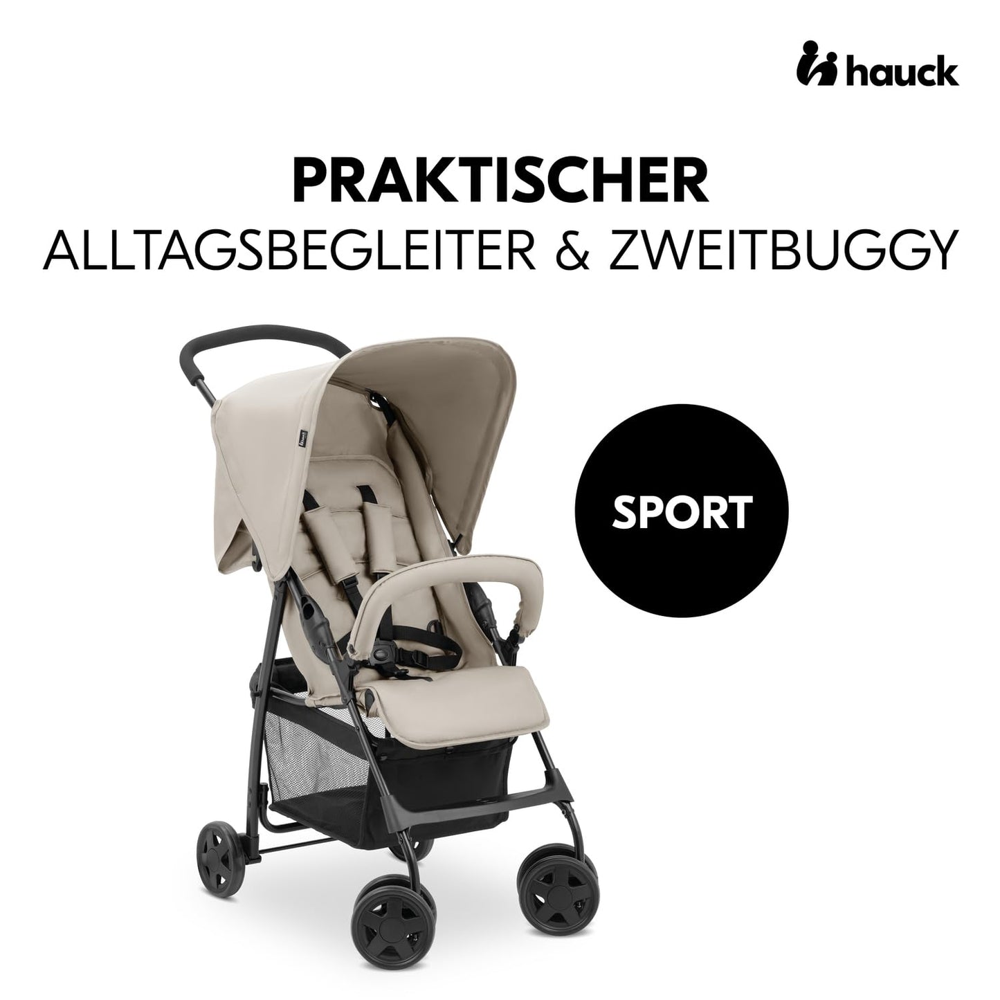 hauck Buggy Sport, Beige - Federleichter Reisebuggy 5,9 kg - mit Liegefunktion für Kinder ab Geburt bis 15 kg - Klein Zusammenklappbar, Großer Einkaufskorb bis 3 kg