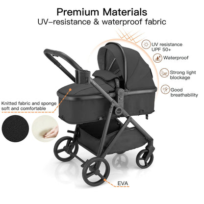 Gromast 3-in-1-Kinderwagen, wandelbarer Kinderwagen für Neugeborene, Säuglinge und Kleinkinder mit umkehrbarem Sitz, Sonnendach mit Lichtschutzfaktor 50+ und Getränkehalter – Schwarz
