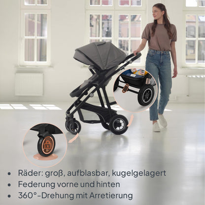 LIONELO BIANKA Kinderwagen 3 in 1 bis 22 kg Babywanne Autositz, Zusammenlegbar, Reise-System, Einstellung der Rückenlehne, Räder 360 Stoßdämpfer, Verdeck XXL