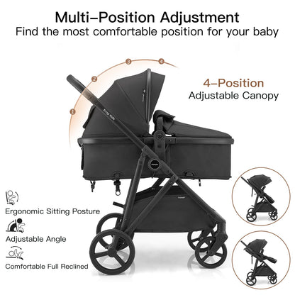 Gromast 3-in-1-Kinderwagen, wandelbarer Kinderwagen für Neugeborene, Säuglinge und Kleinkinder mit umkehrbarem Sitz, Sonnendach mit Lichtschutzfaktor 50+ und Getränkehalter – Schwarz