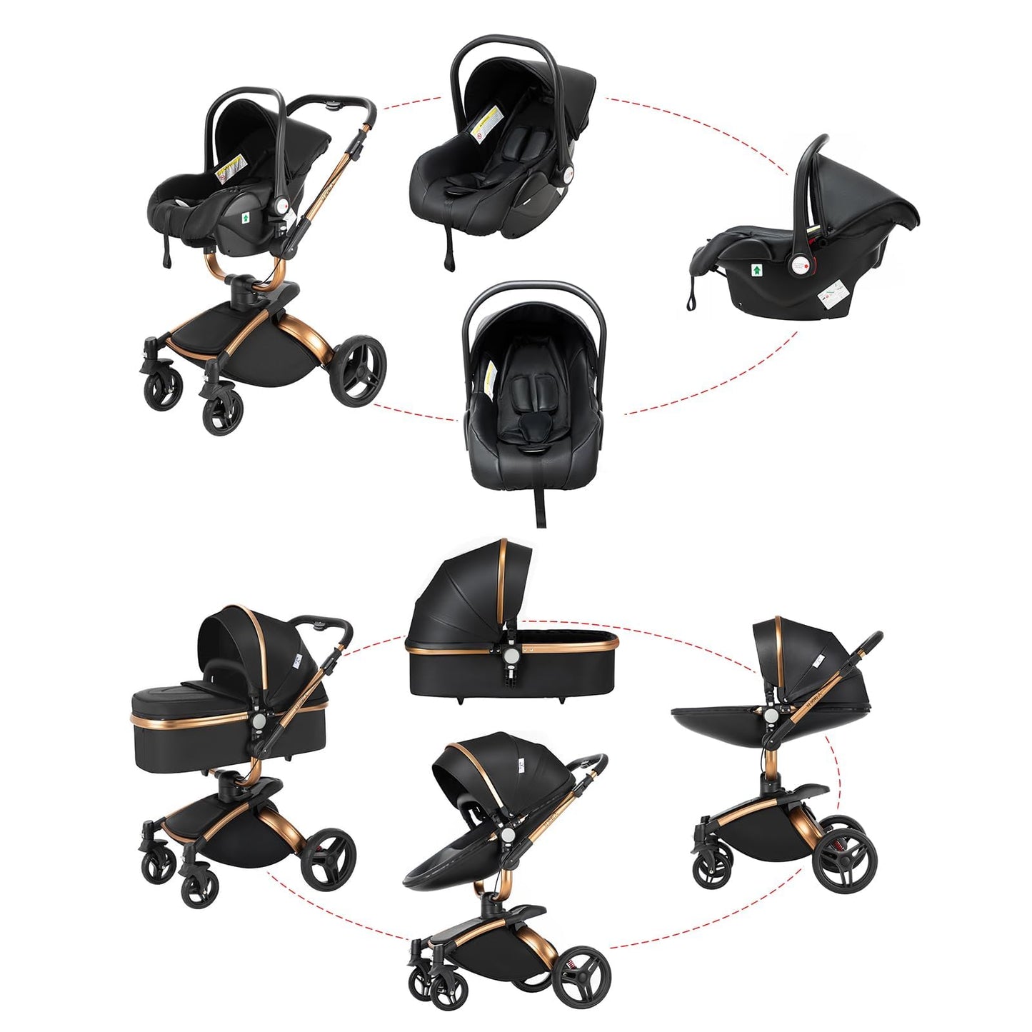 Veitoalioy PU-Leder Kinderwagen 3 in 1, 360° Drehbarem Sitz Faltbarer Kinderwagen Set, Aluminium Hohe Landschaft Babywagen, Bequemer Multifunktionaler Kombikinderwagen 3 in 1 Komplettset (906 White)