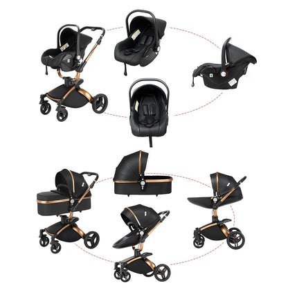 Veitoalioy PU-Leder Kinderwagen 3 in 1, 360° Drehbarem Sitz Faltbarer Kinderwagen Set, Aluminium Hohe Landschaft Babywagen, Bequemer Multifunktionaler Kombikinderwagen 3 in 1 Komplettset (906 White)