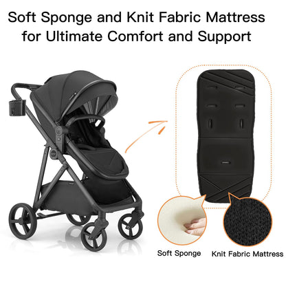 Gromast 3-in-1-Kinderwagen, wandelbarer Kinderwagen für Neugeborene, Säuglinge und Kleinkinder mit umkehrbarem Sitz, Sonnendach mit Lichtschutzfaktor 50+ und Getränkehalter – Schwarz