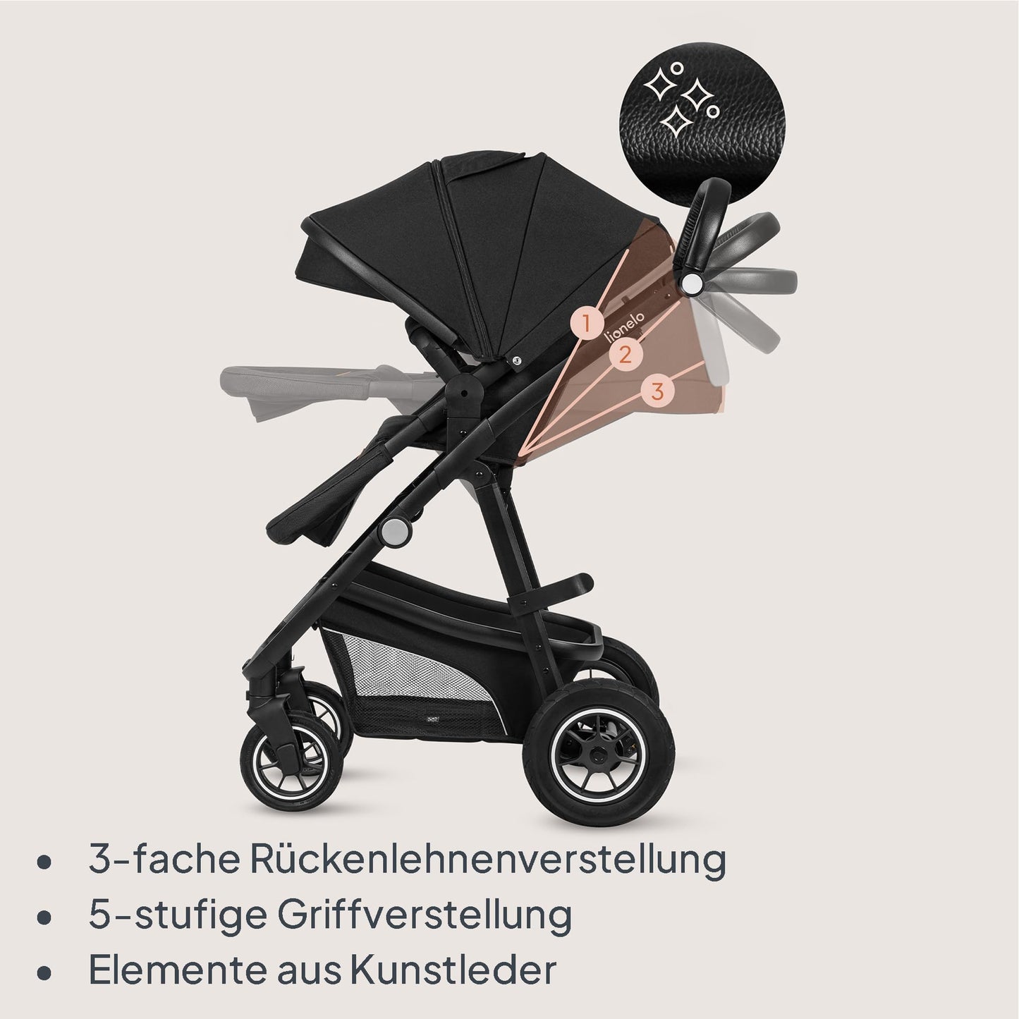 LIONELO BIANKA Kinderwagen 3 in 1 bis 22 kg Babywanne Autositz, Zusammenlegbar, Reise-System, Einstellung der Rückenlehne, Räder 360 Stoßdämpfer, Verdeck XXL