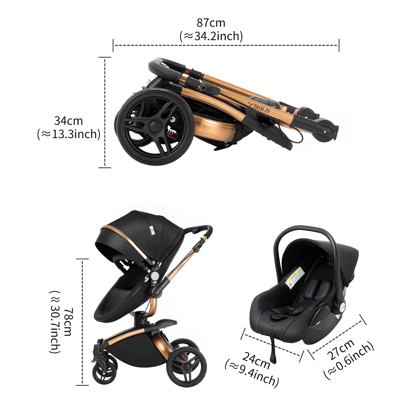 Veitoalioy PU-Leder Kinderwagen 3 in 1, 360° Drehbarem Sitz Faltbarer Kinderwagen Set, Aluminium Hohe Landschaft Babywagen, Bequemer Multifunktionaler Kombikinderwagen 3 in 1 Komplettset (906 White)