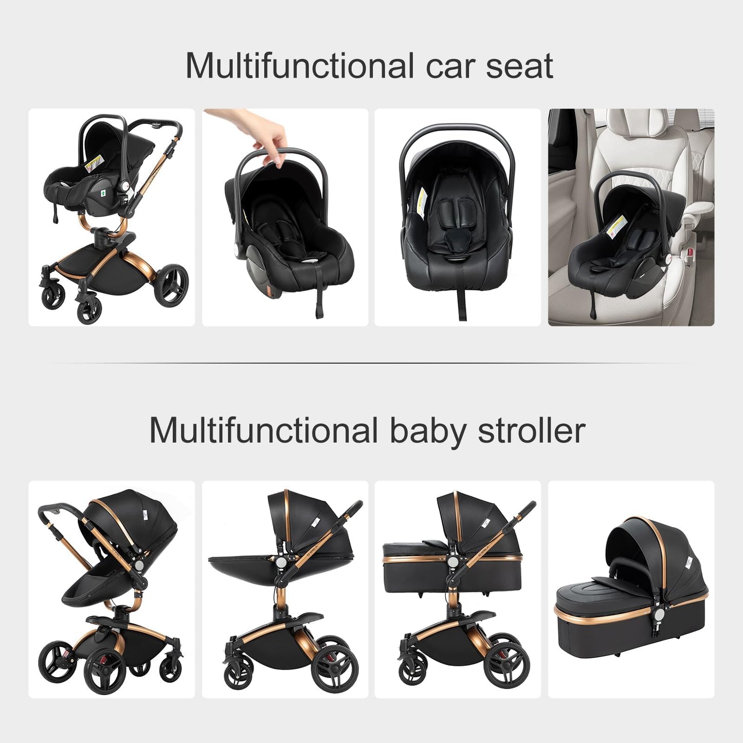 Veitoalioy PU-Leder Kinderwagen 3 in 1, 360° Drehbarem Sitz Faltbarer Kinderwagen Set, Aluminium Hohe Landschaft Babywagen, Bequemer Multifunktionaler Kombikinderwagen 3 in 1 Komplettset (906 White)