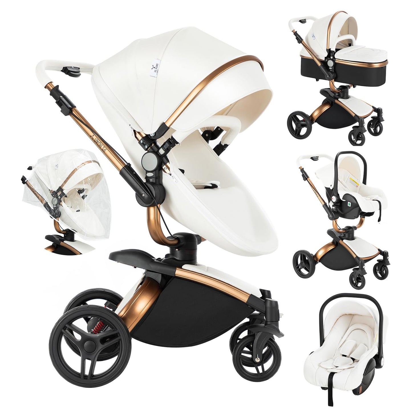 Veitoalioy PU-Leder Kinderwagen 3 in 1, 360° Drehbarem Sitz Faltbarer Kinderwagen Set, Aluminium Hohe Landschaft Babywagen, Bequemer Multifunktionaler Kombikinderwagen 3 in 1 Komplettset (906 White)