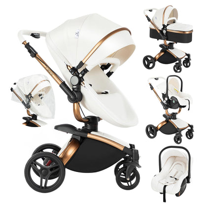 Veitoalioy PU-Leder Kinderwagen 3 in 1, 360° Drehbarem Sitz Faltbarer Kinderwagen Set, Aluminium Hohe Landschaft Babywagen, Bequemer Multifunktionaler Kombikinderwagen 3 in 1 Komplettset (906 White)