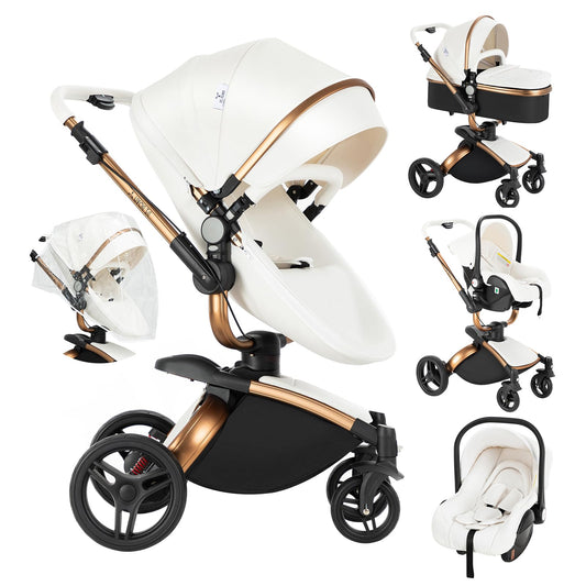Veitoalioy PU-Leder Kinderwagen 3 in 1, 360° Drehbarem Sitz Faltbarer Kinderwagen Set, Aluminium Hohe Landschaft Babywagen, Bequemer Multifunktionaler Kombikinderwagen 3 in 1 Komplettset (906 White)