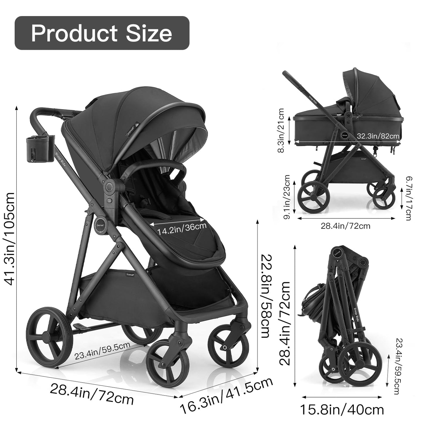 Gromast 3-in-1-Kinderwagen, wandelbarer Kinderwagen für Neugeborene, Säuglinge und Kleinkinder mit umkehrbarem Sitz, Sonnendach mit Lichtschutzfaktor 50+ und Getränkehalter – Schwarz