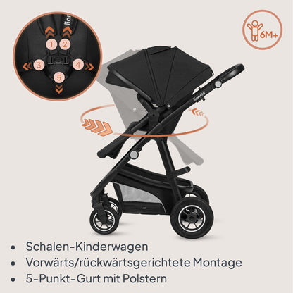 LIONELO BIANKA Kinderwagen 3 in 1 bis 22 kg Babywanne Autositz, Zusammenlegbar, Reise-System, Einstellung der Rückenlehne, Räder 360 Stoßdämpfer, Verdeck XXL