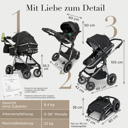 Kinderwagen 3 in 1 [Babywagen & Autositz] mit Babyschale Fahrgestell Kombi als Set | Stroller Baby | Isofix Station & 5-Punkt Sicherheitsgurt Kinderwagen Buggy Reisebuggy Buggys | Babywagen