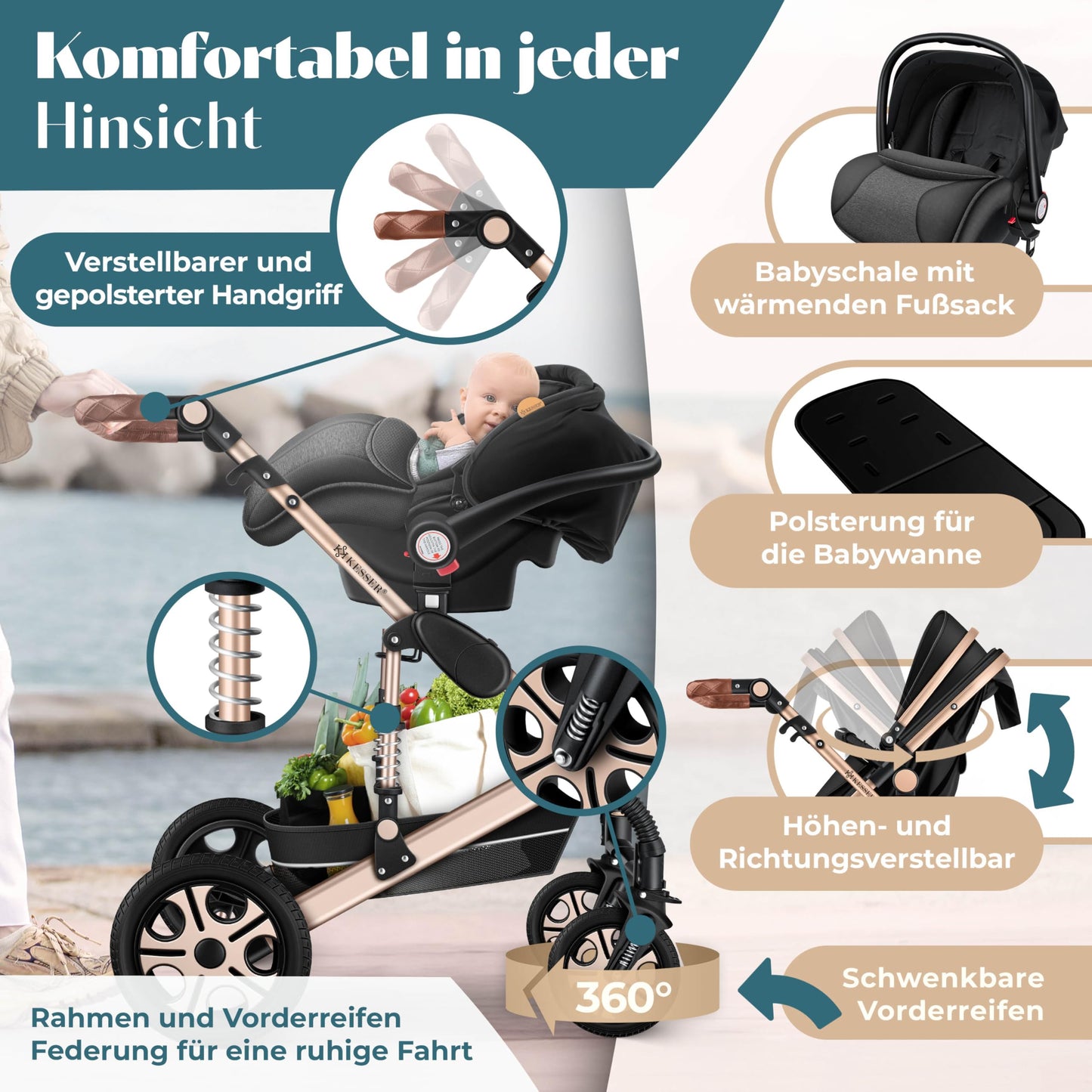 KESSER® Loops 4 in 1 Kinderwagen Kombikinderwagen Komplett-Set inkl. Babywanne & Buggy Sportsitz & Auto-Babyschale Voll-Gummireifen Wickeltasche Regenschutz Kindertisch ECE R129, Schwarz/Champagne
