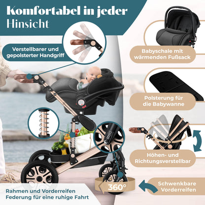 KESSER® Loops 4 in 1 Kinderwagen Kombikinderwagen Komplett-Set inkl. Babywanne & Buggy Sportsitz & Auto-Babyschale Voll-Gummireifen Wickeltasche Regenschutz Kindertisch ECE R129, Schwarz/Champagne