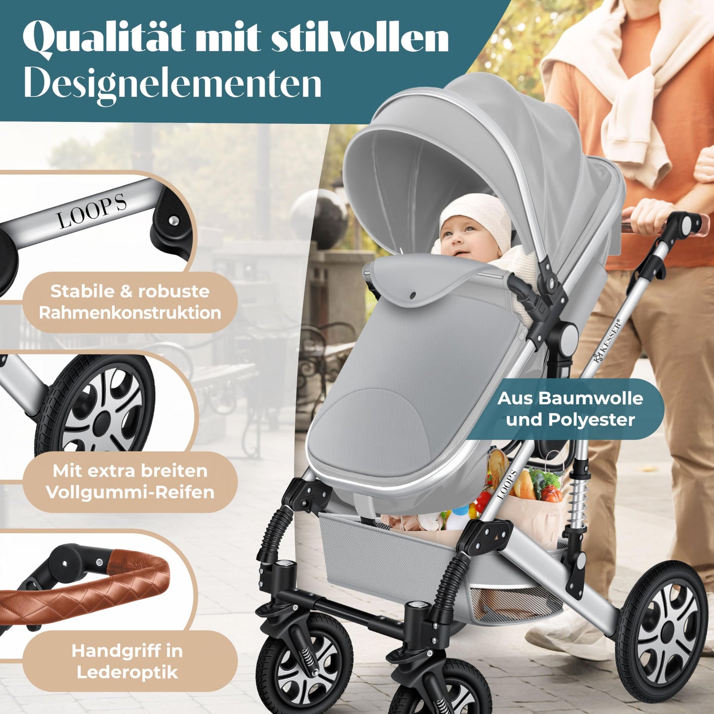 KESSER® Loops 4 in 1 Kinderwagen Kombikinderwagen Komplett-Set inkl. Babywanne & Buggy Sportsitz & Auto-Babyschale Voll-Gummireifen Wickeltasche Regenschutz Kindertisch ECE R129, Grau/Silber