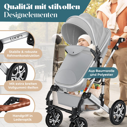 KESSER® Loops 4 in 1 Kinderwagen Kombikinderwagen Komplett-Set inkl. Babywanne & Buggy Sportsitz & Auto-Babyschale Voll-Gummireifen Wickeltasche Regenschutz Kindertisch ECE R129, Grau/Silber