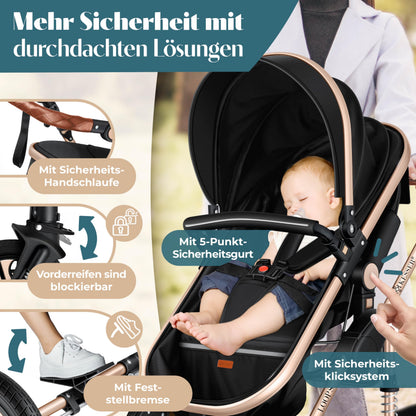 KESSER® Loops 4 in 1 Kinderwagen Kombikinderwagen Komplett-Set inkl. Babywanne & Buggy Sportsitz & Auto-Babyschale Voll-Gummireifen Wickeltasche Regenschutz Kindertisch ECE R129, Schwarz/Champagne