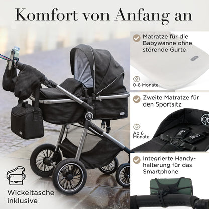 Kinderwagen 3 in 1 [Babywagen & Autositz] mit Babyschale Fahrgestell Kombi als Set | Stroller Baby | Isofix Station & 5-Punkt Sicherheitsgurt Kinderwagen Buggy Reisebuggy Buggys | Babywagen
