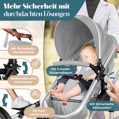 KESSER® Loops 4 in 1 Kinderwagen Kombikinderwagen Komplett-Set inkl. Babywanne & Buggy Sportsitz & Auto-Babyschale Voll-Gummireifen Wickeltasche Regenschutz Kindertisch ECE R129, Grau/Silber