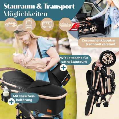 KESSER® Loops 4 in 1 Kinderwagen Kombikinderwagen Komplett-Set inkl. Babywanne & Buggy Sportsitz & Auto-Babyschale Voll-Gummireifen Wickeltasche Regenschutz Kindertisch ECE R129, Schwarz/Champagne