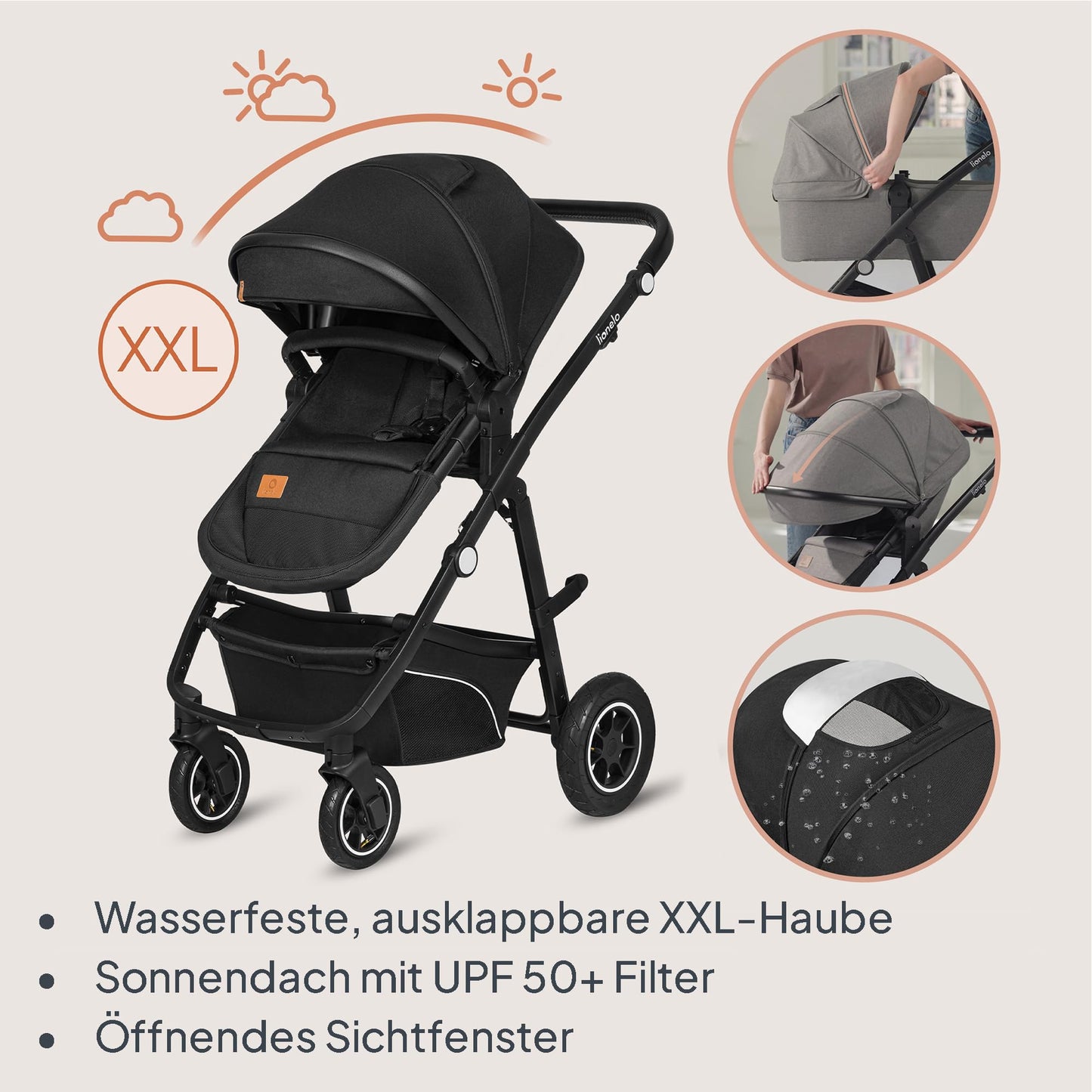 LIONELO BIANKA Kinderwagen 3 in 1 bis 22 kg Babywanne Autositz, Zusammenlegbar, Reise-System, Einstellung der Rückenlehne, Räder 360 Stoßdämpfer, Verdeck XXL