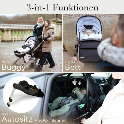 Kinderwagen 3 in 1 [Babywagen & Autositz] mit Babyschale Fahrgestell Kombi als Set | Stroller Baby | Isofix Station & 5-Punkt Sicherheitsgurt Kinderwagen Buggy Reisebuggy Buggys | Babywagen