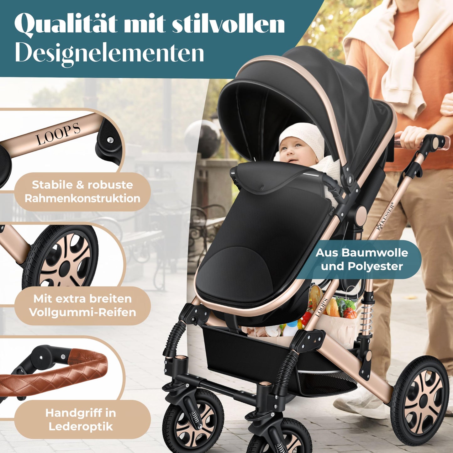 KESSER® Loops 4 in 1 Kinderwagen Kombikinderwagen Komplett-Set inkl. Babywanne & Buggy Sportsitz & Auto-Babyschale Voll-Gummireifen Wickeltasche Regenschutz Kindertisch ECE R129, Schwarz/Champagne