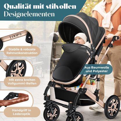 KESSER® Loops 4 in 1 Kinderwagen Kombikinderwagen Komplett-Set inkl. Babywanne & Buggy Sportsitz & Auto-Babyschale Voll-Gummireifen Wickeltasche Regenschutz Kindertisch ECE R129, Schwarz/Champagne