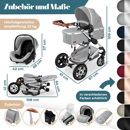 KESSER® Loops 4 in 1 Kinderwagen Kombikinderwagen Komplett-Set inkl. Babywanne & Buggy Sportsitz & Auto-Babyschale Voll-Gummireifen Wickeltasche Regenschutz Kindertisch ECE R129, Grau/Silber