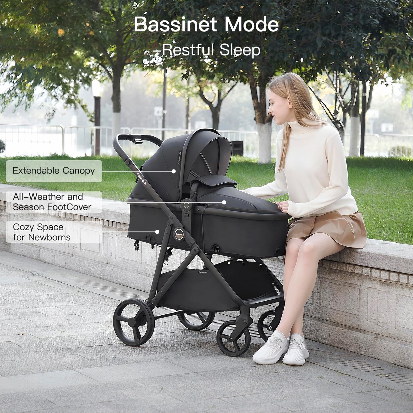 Gromast 3-in-1-Kinderwagen, wandelbarer Kinderwagen für Neugeborene, Säuglinge und Kleinkinder mit umkehrbarem Sitz, Sonnendach mit Lichtschutzfaktor 50+ und Getränkehalter – Schwarz