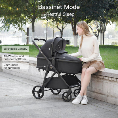 Gromast 3-in-1-Kinderwagen, wandelbarer Kinderwagen für Neugeborene, Säuglinge und Kleinkinder mit umkehrbarem Sitz, Sonnendach mit Lichtschutzfaktor 50+ und Getränkehalter – Schwarz