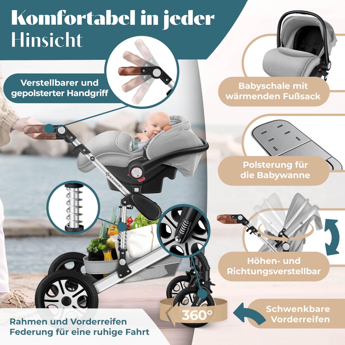 KESSER® Loops 4 in 1 Kinderwagen Kombikinderwagen Komplett-Set inkl. Babywanne & Buggy Sportsitz & Auto-Babyschale Voll-Gummireifen Wickeltasche Regenschutz Kindertisch ECE R129, Grau/Silber