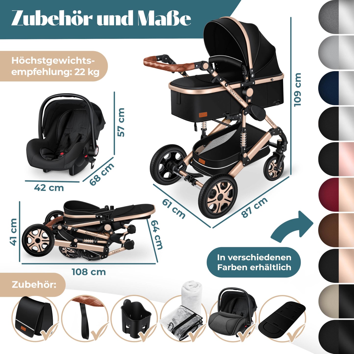KESSER® Loops 4 in 1 Kinderwagen Kombikinderwagen Komplett-Set inkl. Babywanne & Buggy Sportsitz & Auto-Babyschale Voll-Gummireifen Wickeltasche Regenschutz Kindertisch ECE R129, Schwarz/Champagne