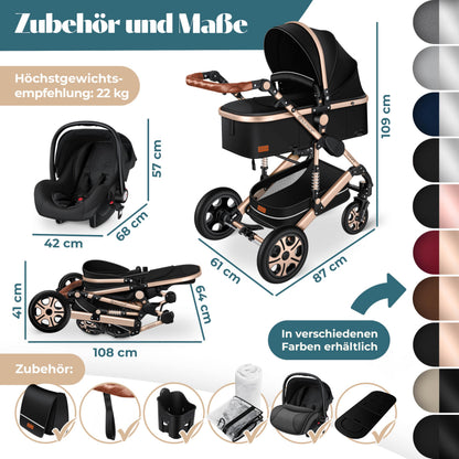 KESSER® Loops 4 in 1 Kinderwagen Kombikinderwagen Komplett-Set inkl. Babywanne & Buggy Sportsitz & Auto-Babyschale Voll-Gummireifen Wickeltasche Regenschutz Kindertisch ECE R129, Schwarz/Champagne