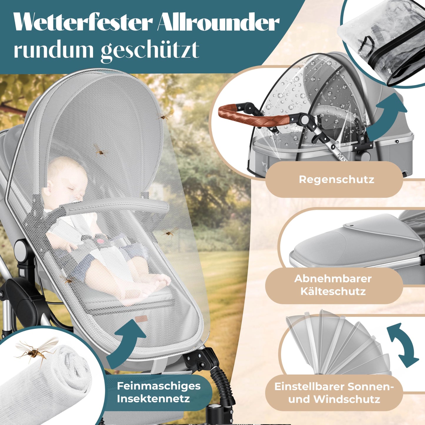 KESSER® Loops 4 in 1 Kinderwagen Kombikinderwagen Komplett-Set inkl. Babywanne & Buggy Sportsitz & Auto-Babyschale Voll-Gummireifen Wickeltasche Regenschutz Kindertisch ECE R129, Grau/Silber