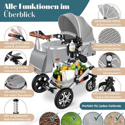 KESSER® Loops 4 in 1 Kinderwagen Kombikinderwagen Komplett-Set inkl. Babywanne & Buggy Sportsitz & Auto-Babyschale Voll-Gummireifen Wickeltasche Regenschutz Kindertisch ECE R129, Grau/Silber