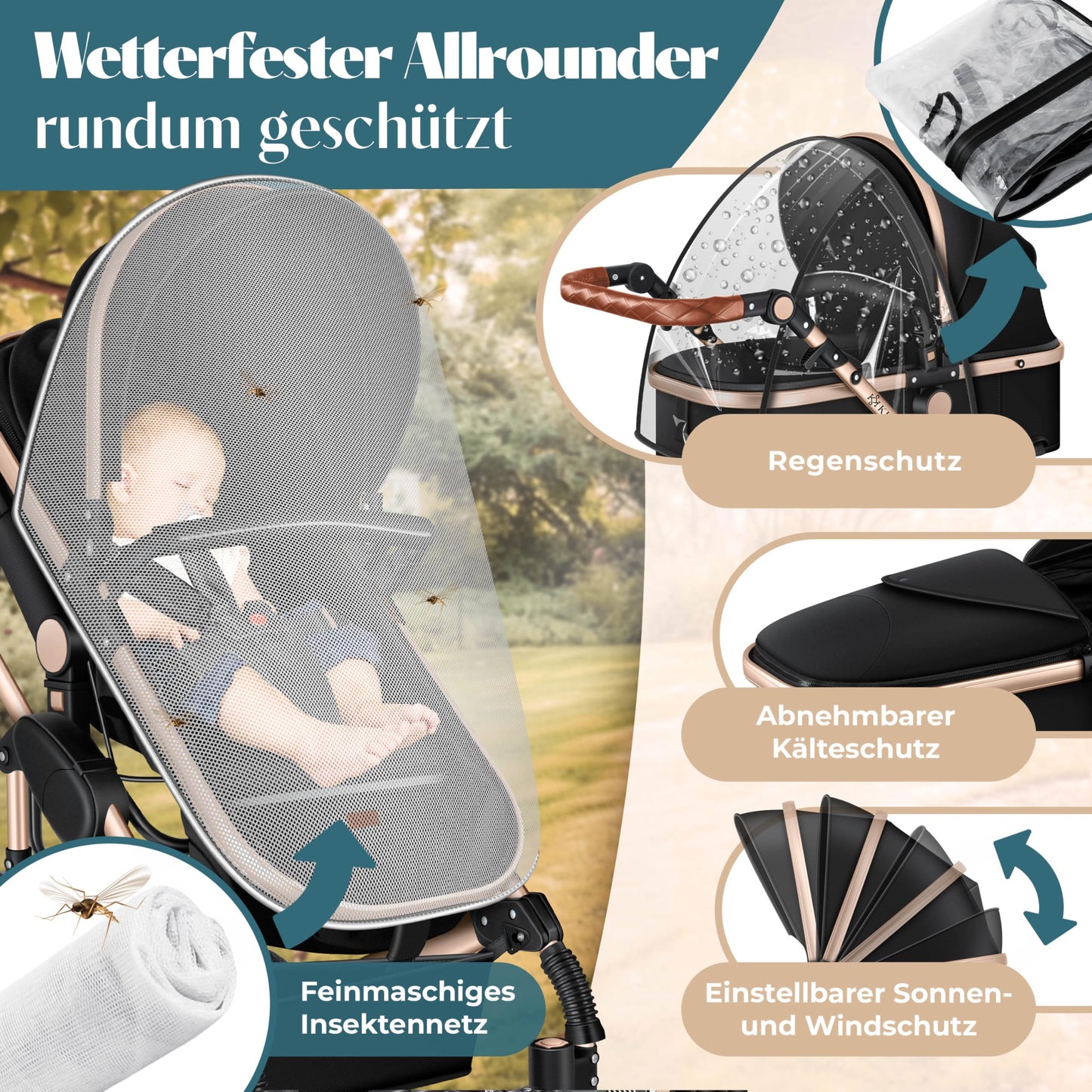 KESSER® Loops 4 in 1 Kinderwagen Kombikinderwagen Komplett-Set inkl. Babywanne & Buggy Sportsitz & Auto-Babyschale Voll-Gummireifen Wickeltasche Regenschutz Kindertisch ECE R129, Schwarz/Champagne