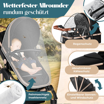 KESSER® Loops 4 in 1 Kinderwagen Kombikinderwagen Komplett-Set inkl. Babywanne & Buggy Sportsitz & Auto-Babyschale Voll-Gummireifen Wickeltasche Regenschutz Kindertisch ECE R129, Schwarz/Champagne