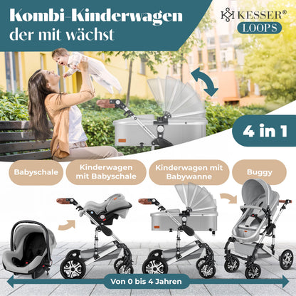 KESSER® Loops 4 in 1 Kinderwagen Kombikinderwagen Komplett-Set inkl. Babywanne & Buggy Sportsitz & Auto-Babyschale Voll-Gummireifen Wickeltasche Regenschutz Kindertisch ECE R129, Grau/Silber