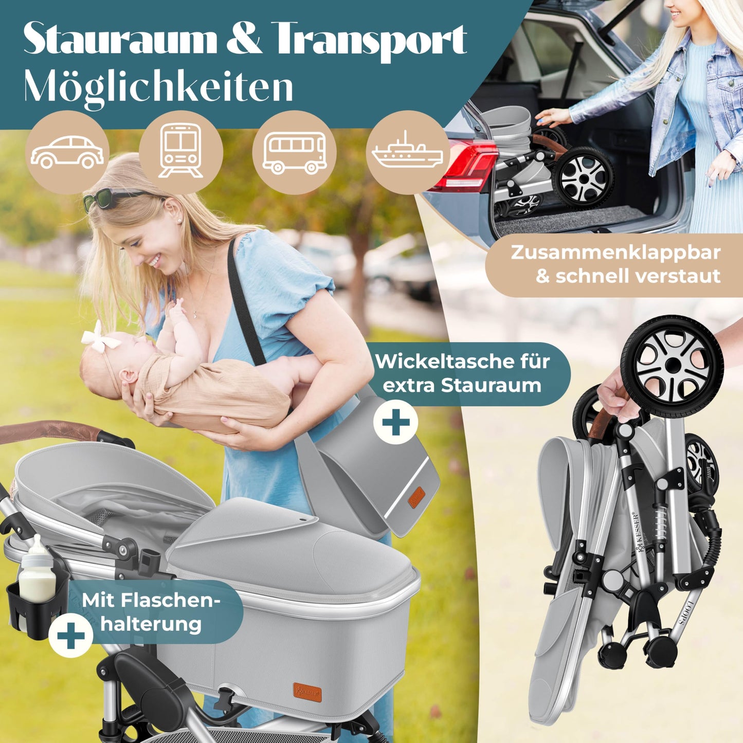 KESSER® Loops 4 in 1 Kinderwagen Kombikinderwagen Komplett-Set inkl. Babywanne & Buggy Sportsitz & Auto-Babyschale Voll-Gummireifen Wickeltasche Regenschutz Kindertisch ECE R129, Grau/Silber