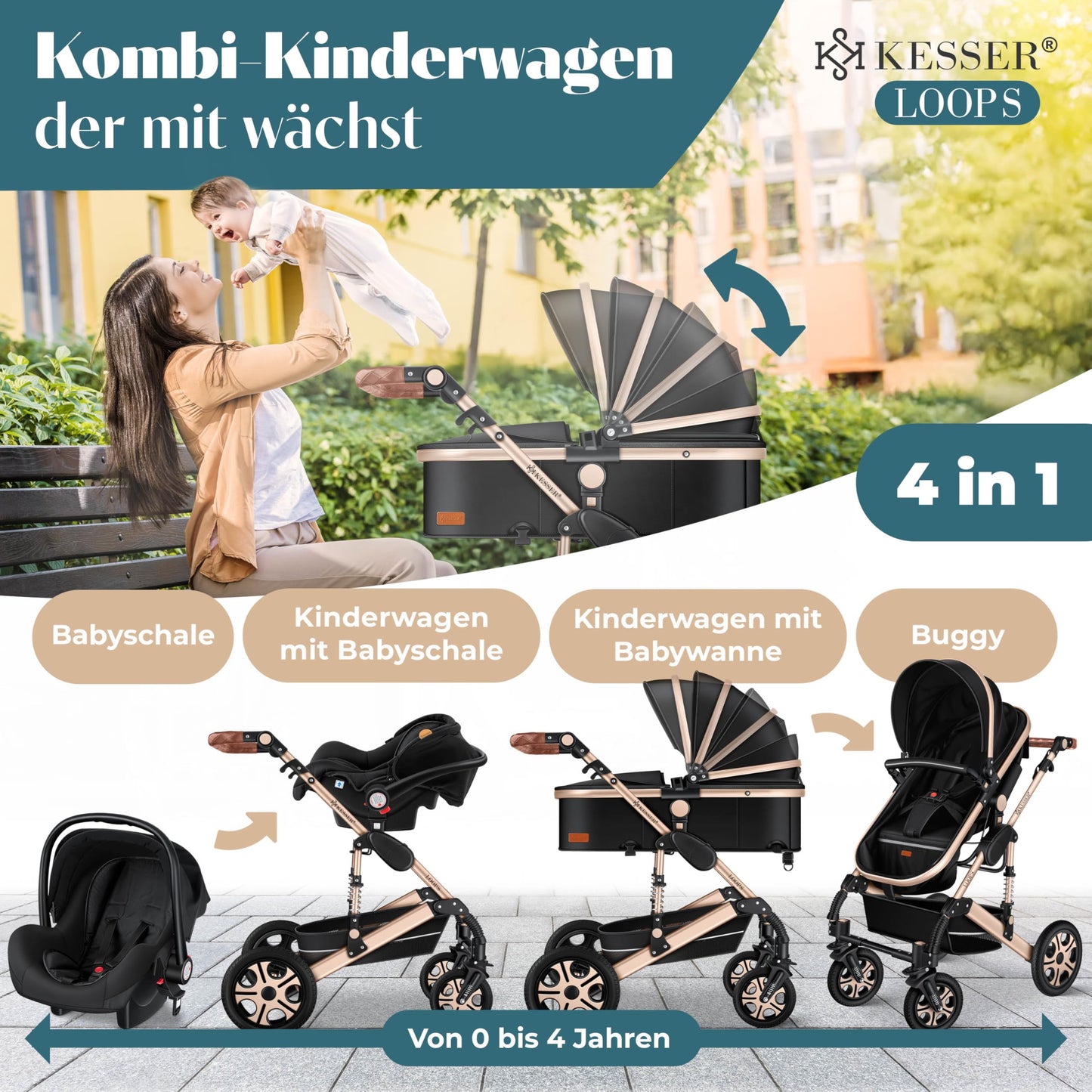 KESSER® Loops 4 in 1 Kinderwagen Kombikinderwagen Komplett-Set inkl. Babywanne & Buggy Sportsitz & Auto-Babyschale Voll-Gummireifen Wickeltasche Regenschutz Kindertisch ECE R129, Schwarz/Champagne